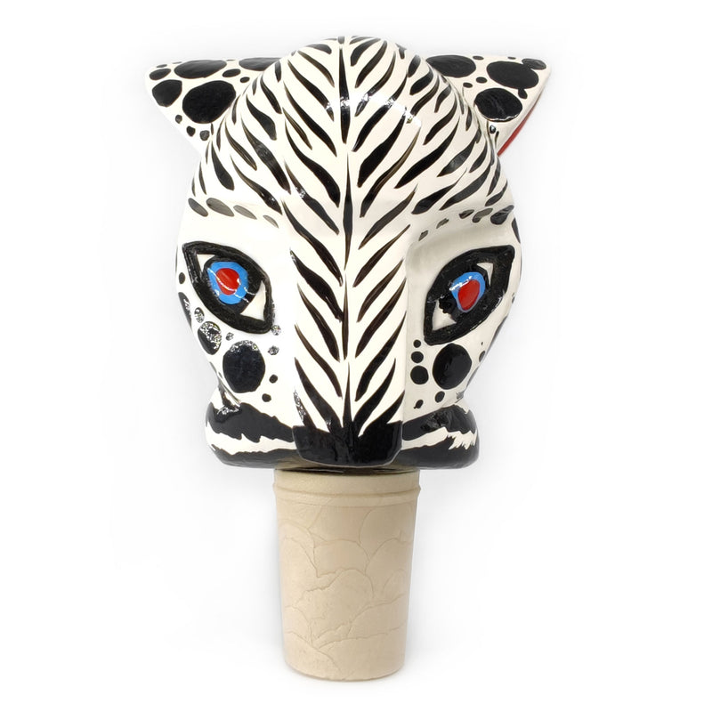 TAPÓN DECORATIVO PARA BOTELLAS - El tigre blanco del carnaval - Madera tallada y pintada a mano