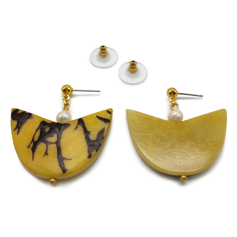 PENDIENTES PALMA - Hechos a mano - Bañados en oro de 24 quilates - Tagua (marfil vegetal), perlas cultivadas