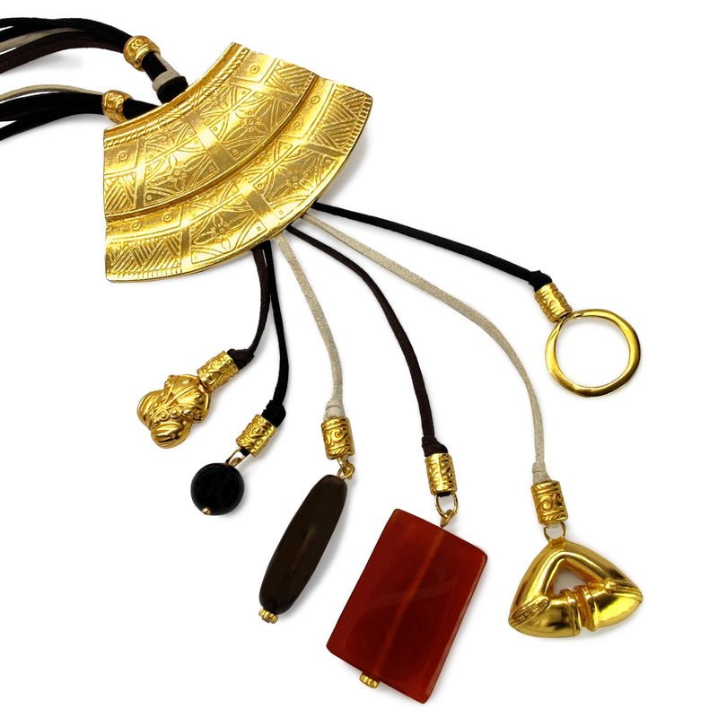 COLLAR CORDÚLA - Hecho a mano - Bañado en oro de 24 quilates - Cuero, piedras semipreciosas
