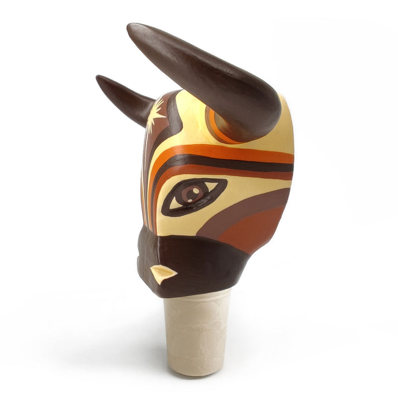 TAPÓN DECORATIVO PARA BOTELLAS - El toro del carnaval - Madera tallada y pintada a mano
