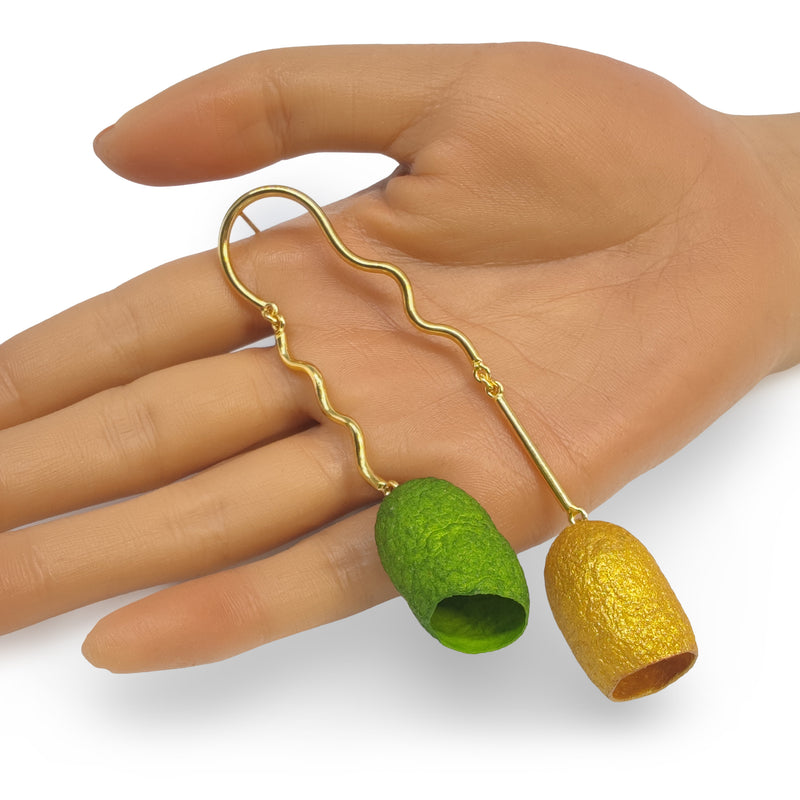 PENDIENTES COCOON TWIN - Hechos a mano - Bañados en oro de 24 quilates - Capullos de seda
