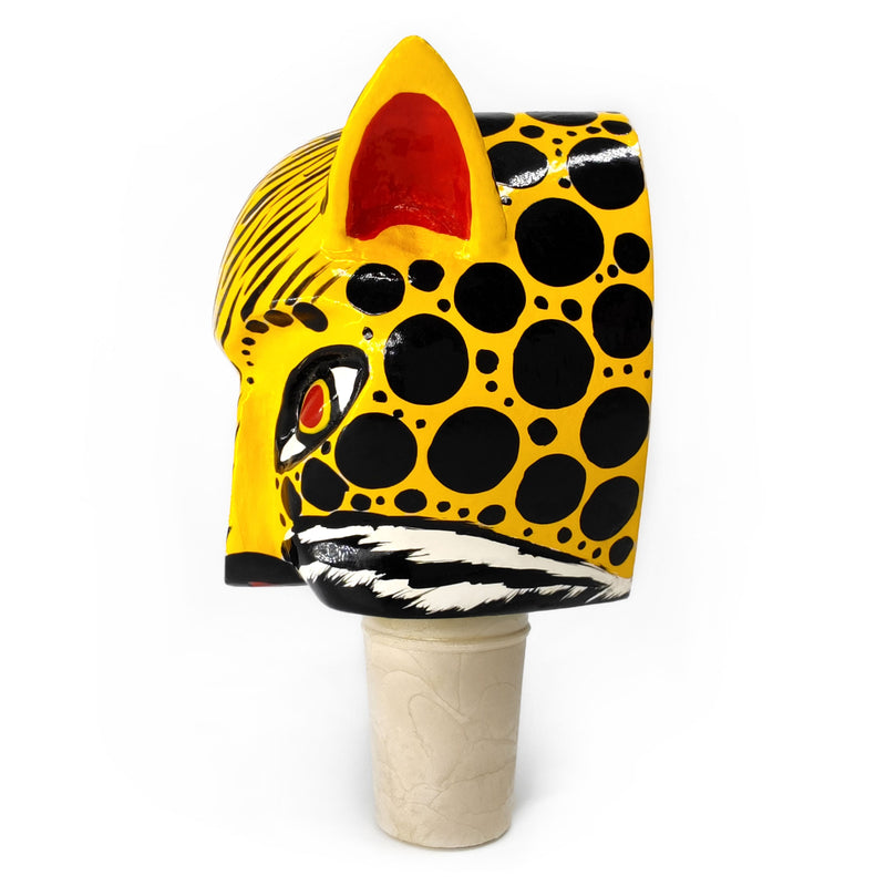 TAPÓN DECORATIVO PARA BOTELLAS - El jaguar del carnaval - Madera tallada y pintada a mano