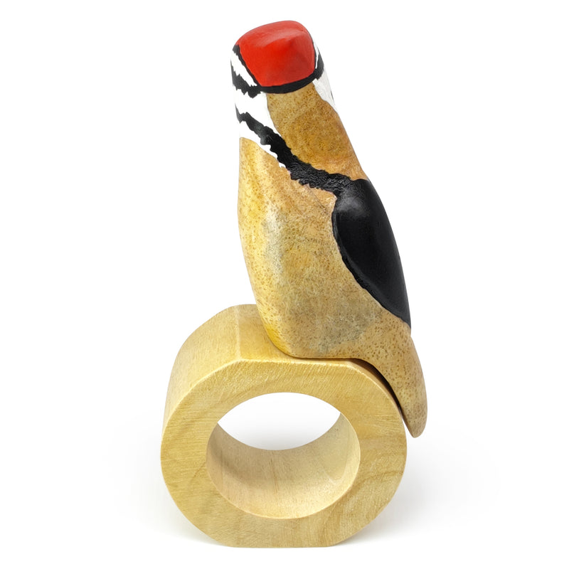 ANILLO DE SERVILLETA DECORATIVO - Pájaro carpintero - Madera tallada y pintada a mano