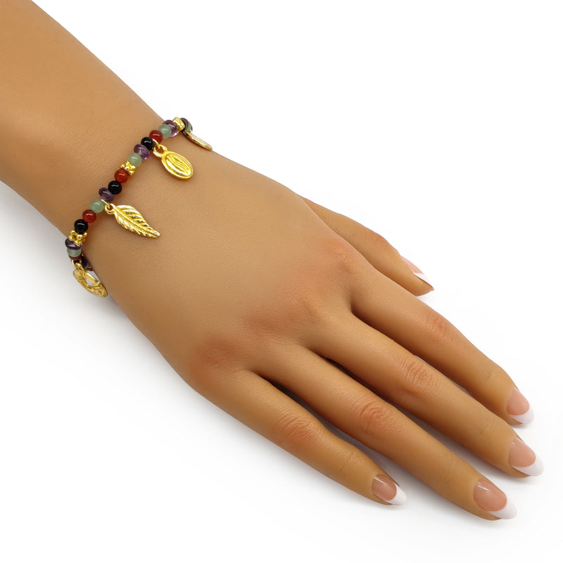 PULSERA ARCOÍRIS - Hecha a mano - Bañada en oro de 24 quilates - Ágatas, ónix, jades y amatistas