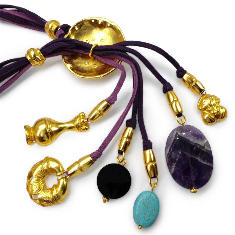COLLAR CORDÚLA - Hecho a mano - Bañado en oro de 24 quilates - Cuero, piedras semipreciosas