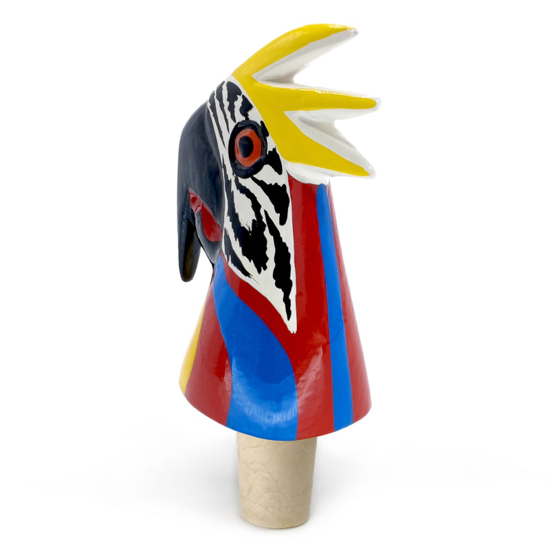 TAPÓN DECORATIVO PARA BOTELLAS - El guacamayo del carnaval - Madera tallada y pintada a mano