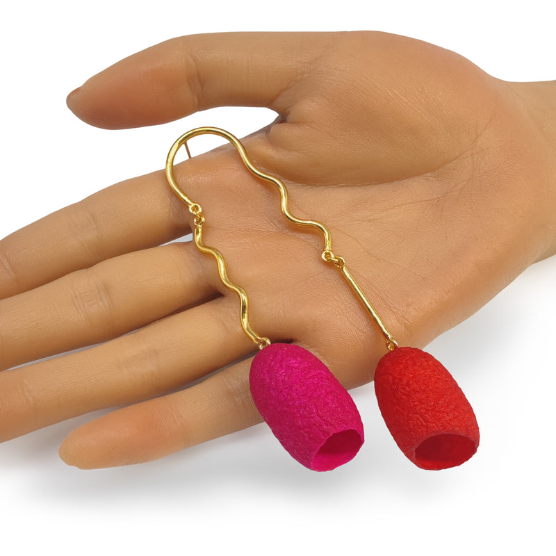 PENDIENTES COCOON TWIN - Hechos a mano - Bañados en oro de 24 quilates - Capullos de seda