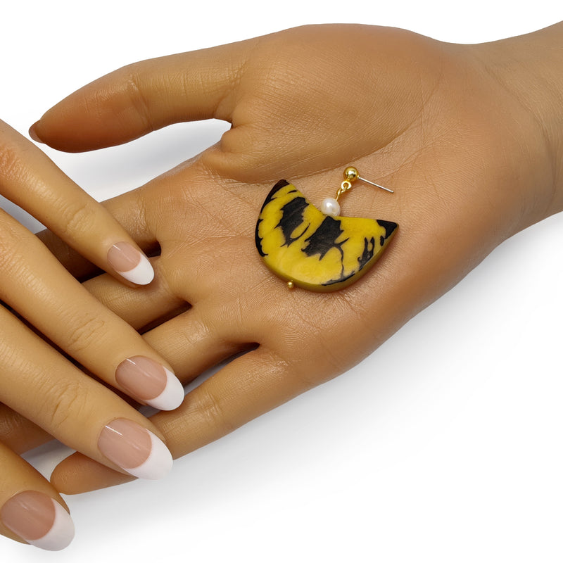 PENDIENTES PALMA - Hechos a mano - Bañados en oro de 24 quilates - Tagua (marfil vegetal), perlas cultivadas