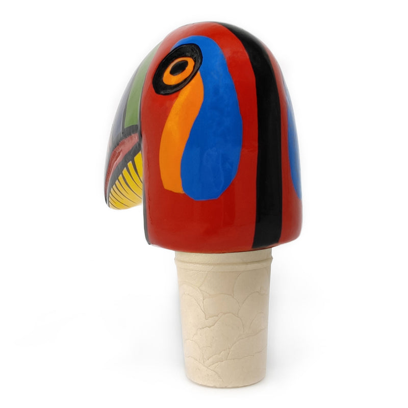 TAPÓN DECORATIVO PARA BOTELLAS - El tucán del carnaval - Madera tallada y pintada a mano