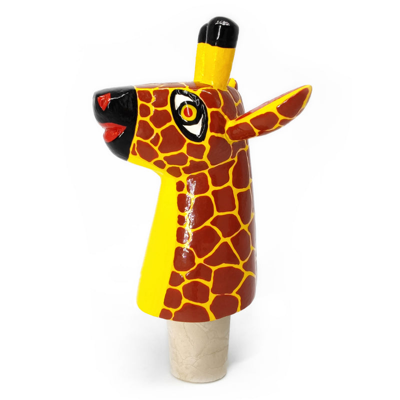 TAPÓN DECORATIVO PARA BOTELLAS - La jirafa del carnaval - Madera tallada y pintada a mano