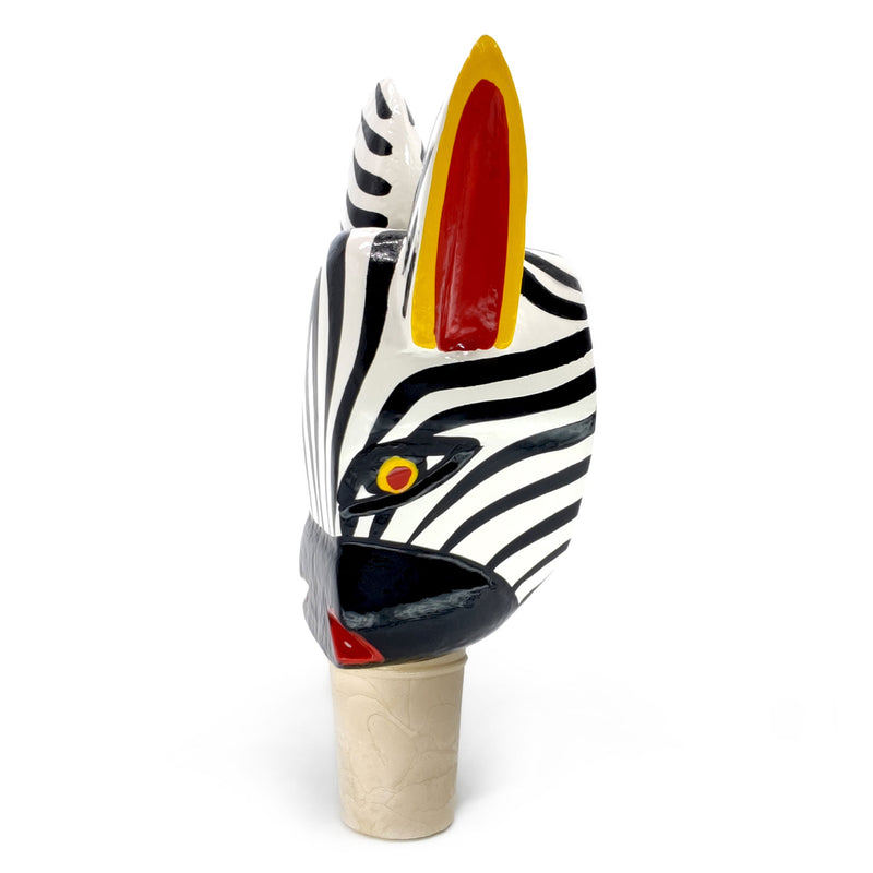 TAPÓN DECORATIVO PARA BOTELLAS - La cebra del carnaval - Madera tallada y pintada a mano