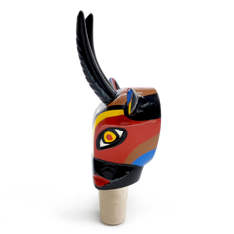 TAPÓN DECORATIVO PARA BOTELLAS - La cabra del carnaval - Madera tallada y pintada a mano