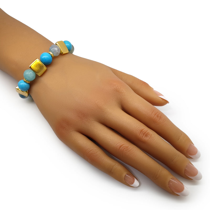 PULSERA QUIMBAYA - Hecha a mano - Bañada en oro de 24 quilates - Ágatas, turquesas