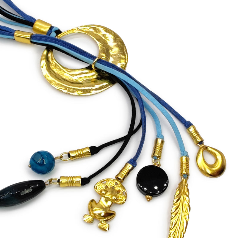 COLLAR CORDÚLA - Hecho a mano - Bañado en oro de 24 quilates - Cuero, piedras semipreciosas
