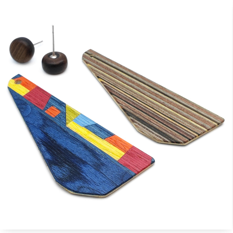 PENDIENTES WOODIE TRIO - Hechos a mano - Reversibles - Madera contrachapada de 3 capas cruzadas