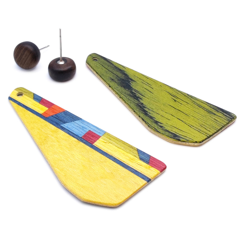 PENDIENTES WOODIE TRIO - Hechos a mano - Reversibles - Madera contrachapada de 3 capas cruzadas