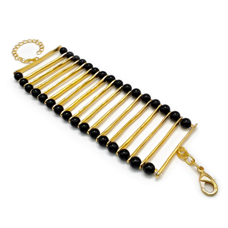 BRAZALETE ELEGANCIA - Hecho a mano - Bañado en oro de 24 quilates - Ónix