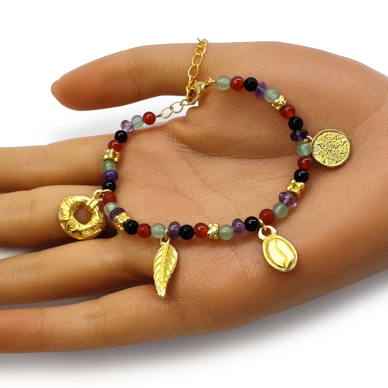 PULSERA ARCOÍRIS - Hecha a mano - Bañada en oro de 24 quilates - Ágatas, ónix, jades y amatistas
