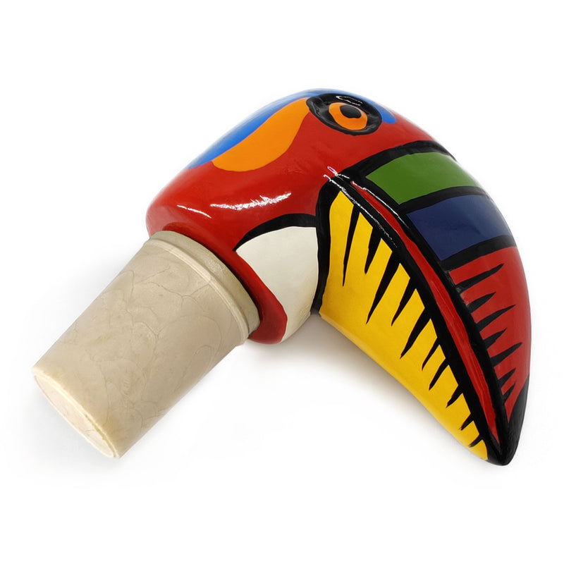 TAPÓN DECORATIVO PARA BOTELLAS - El tucán del carnaval - Madera tallada y pintada a mano