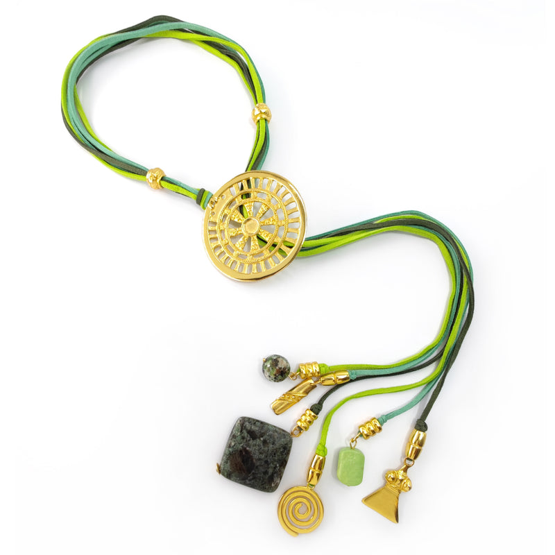 COLLAR CORDÚLA - Hecho a mano - Bañado en oro de 24 quilates - Cuero, piedras semipreciosas
