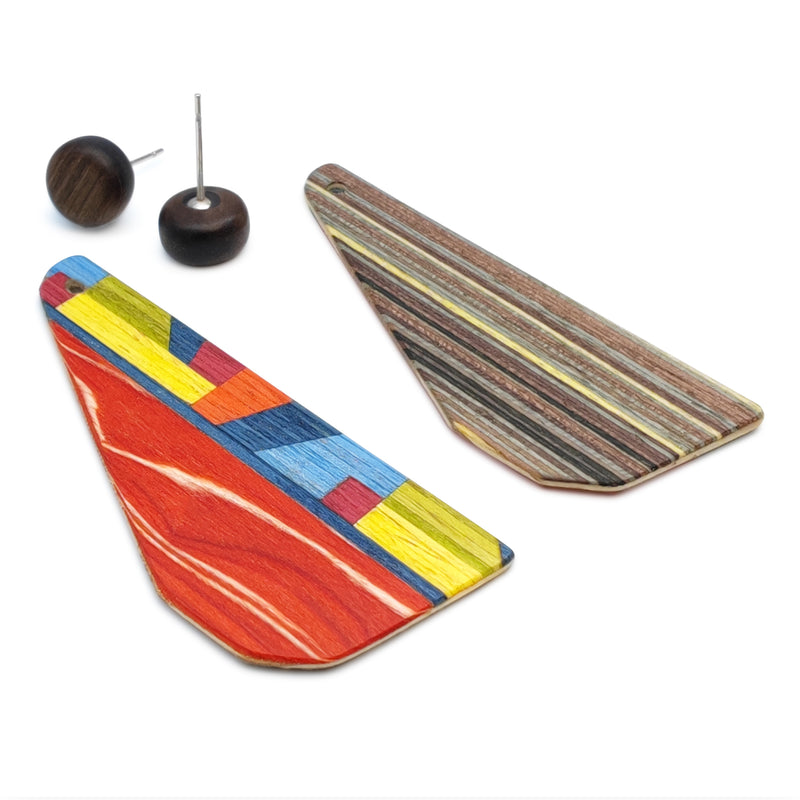 PENDIENTES WOODIE TRIO - Hechos a mano - Reversibles - Madera contrachapada de 3 capas cruzadas