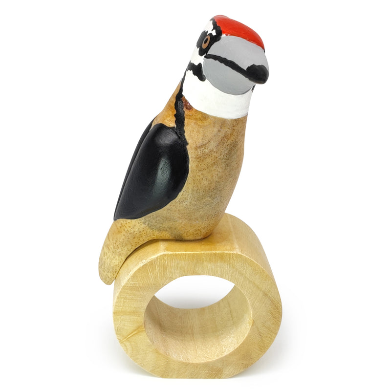 ANILLO DE SERVILLETA DECORATIVO - Pájaro carpintero - Madera tallada y pintada a mano