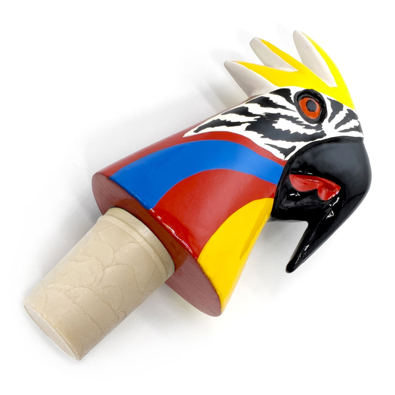 TAPÓN DECORATIVO PARA BOTELLAS - El guacamayo del carnaval - Madera tallada y pintada a mano