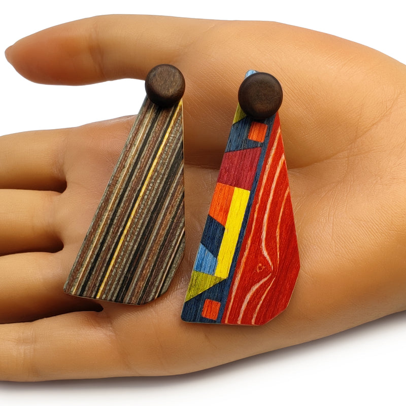 PENDIENTES WOODIE TRIO - Hechos a mano - Reversibles - Madera contrachapada de 3 capas cruzadas