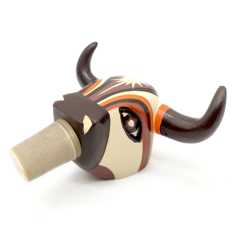 TAPÓN DECORATIVO PARA BOTELLAS - El toro del carnaval - Madera tallada y pintada a mano