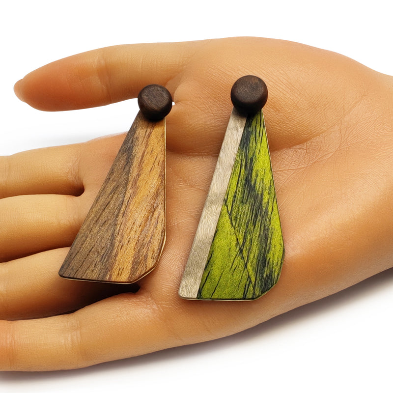 PENDIENTES WOODIE TRIO - Hechos a mano - Reversibles - Madera contrachapada de 3 capas cruzadas