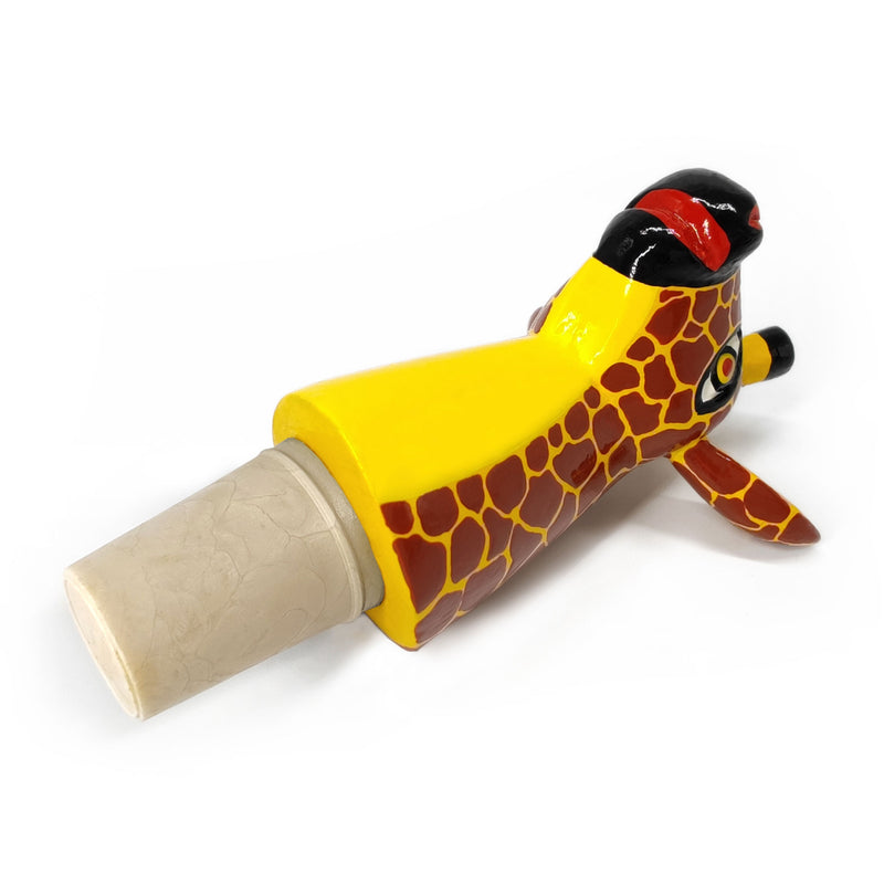 TAPÓN DECORATIVO PARA BOTELLAS - La jirafa del carnaval - Madera tallada y pintada a mano