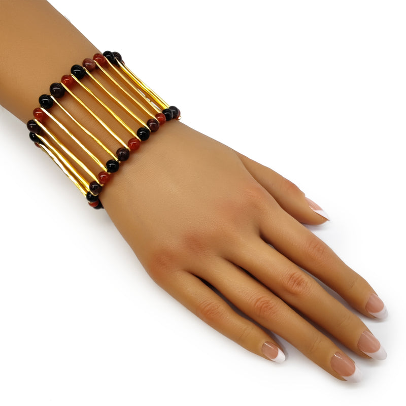BRAZALETE ELEGANCIA - Hecho a mano - Bañado en oro de 24 quilates - Ónix, ágatas