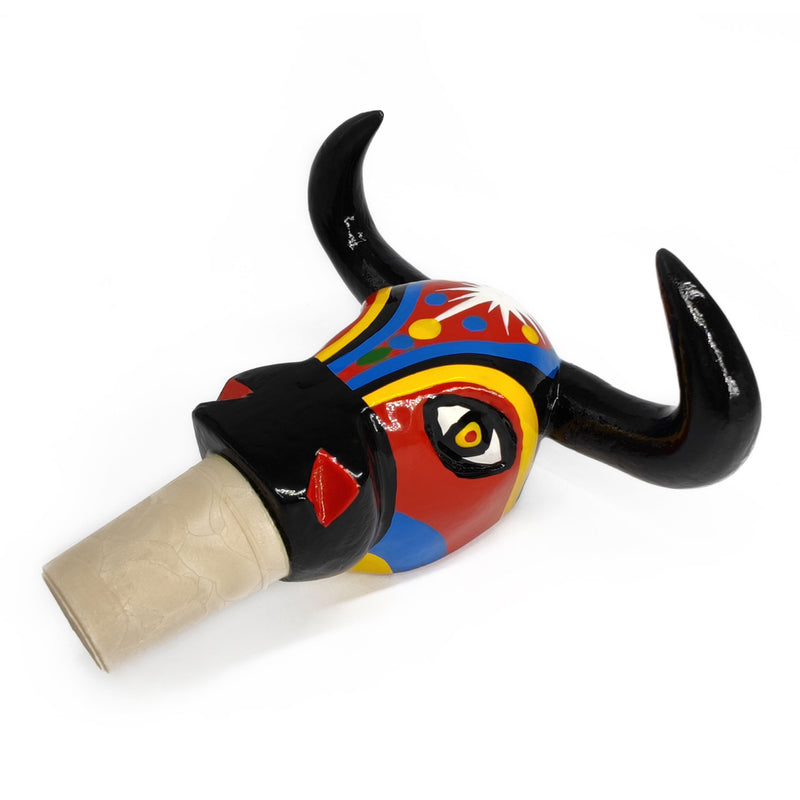 TAPÓN DECORATIVO PARA BOTELLAS - El toro del carnaval - Madera tallada y pintada a mano