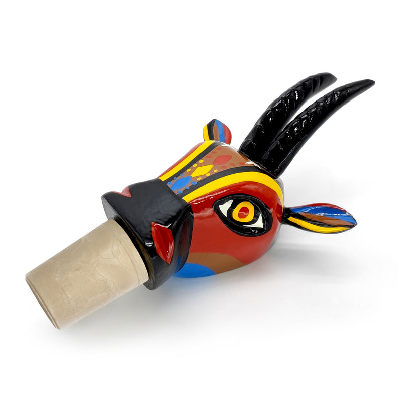 TAPÓN DECORATIVO PARA BOTELLAS - La cabra del carnaval - Madera tallada y pintada a mano