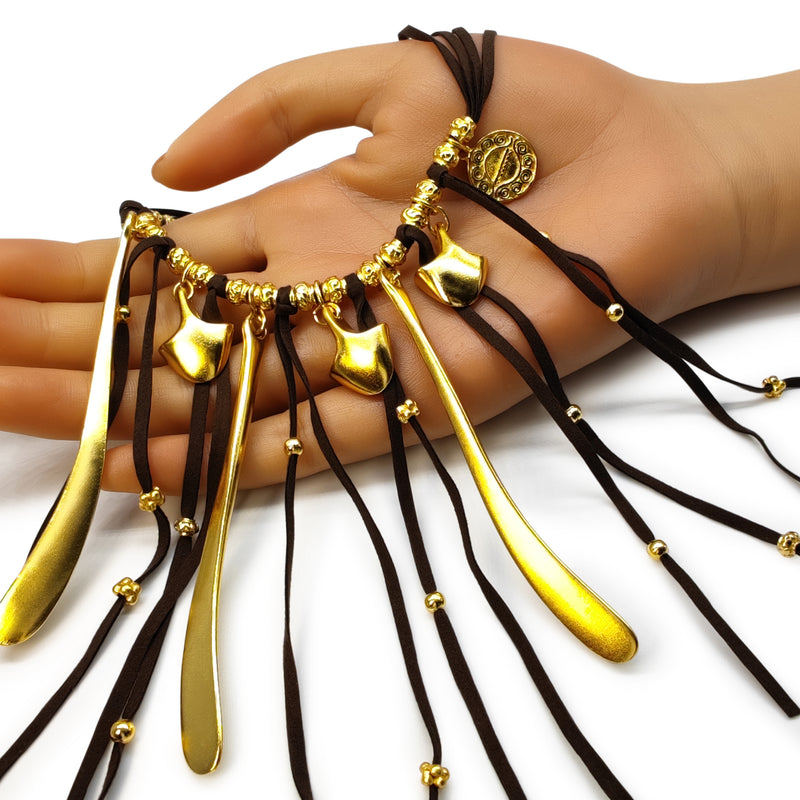 COLLAR SUÉ - Hecho a mano - Bañado en oro de 24 quilates - Cuero