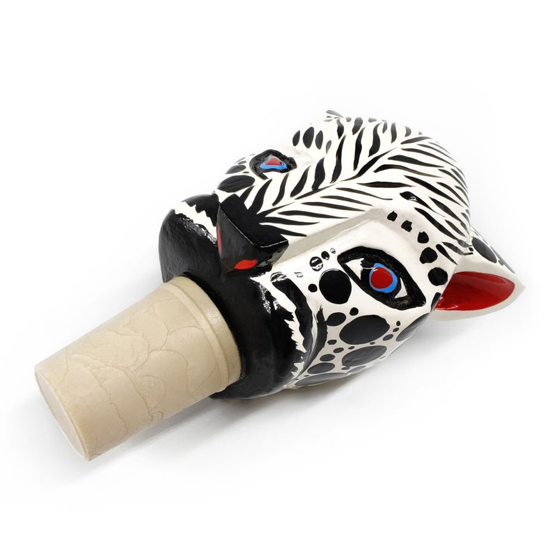 TAPÓN DECORATIVO PARA BOTELLAS - El tigre blanco del carnaval - Madera tallada y pintada a mano