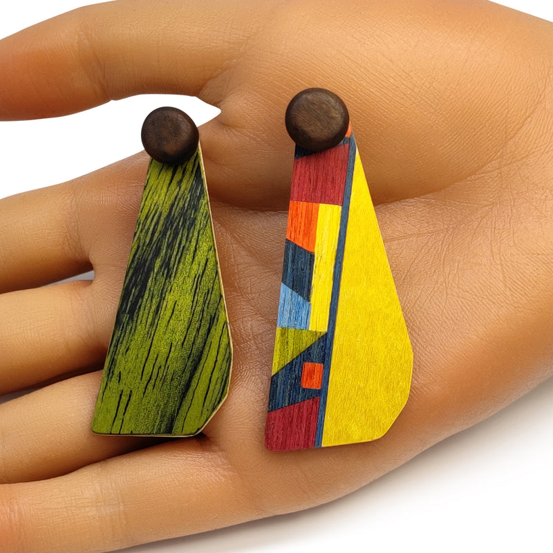 PENDIENTES WOODIE TRIO - Hechos a mano - Reversibles - Madera contrachapada de 3 capas cruzadas