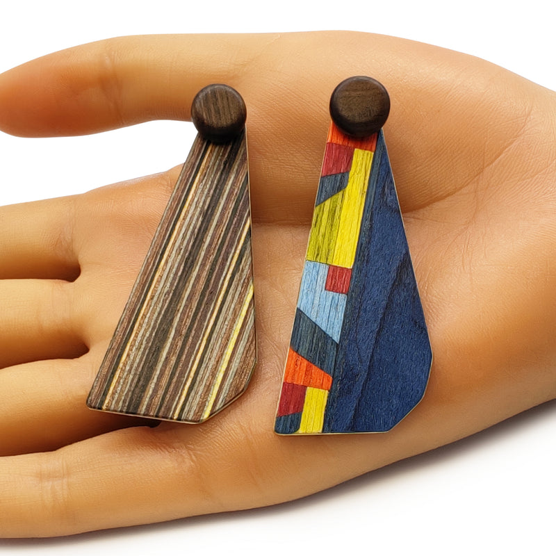 PENDIENTES WOODIE TRIO - Hechos a mano - Reversibles - Madera contrachapada de 3 capas cruzadas