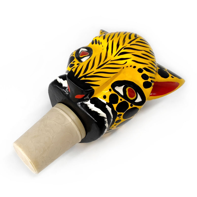 TAPÓN DECORATIVO PARA BOTELLAS - El jaguar del carnaval - Madera tallada y pintada a mano