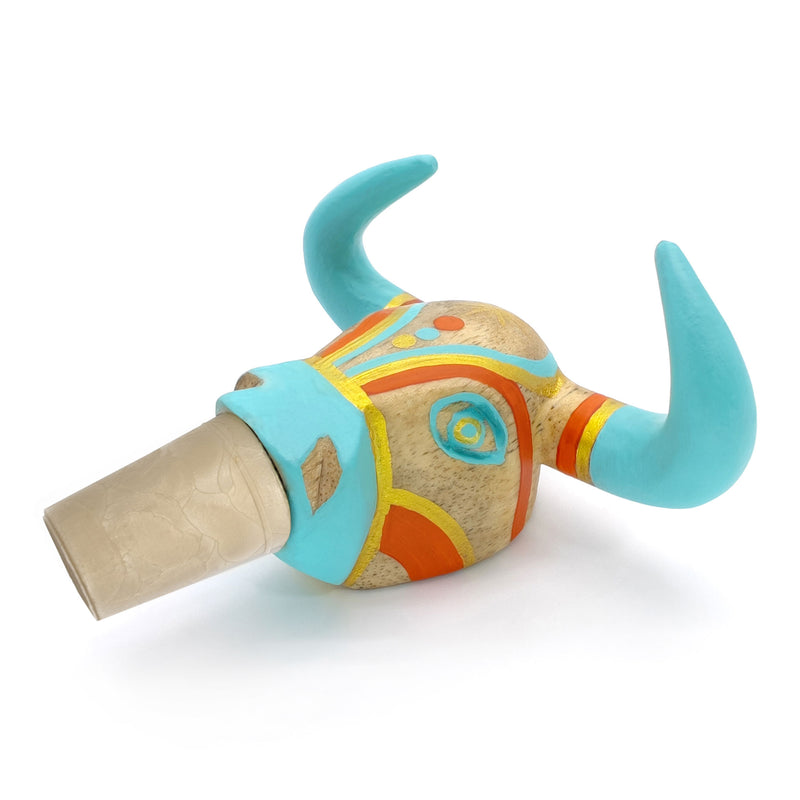 TAPÓN DECORATIVO PARA BOTELLAS - El toro del carnaval - Madera tallada y pintada a mano