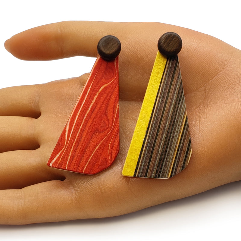 PENDIENTES WOODIE TRIO - Hechos a mano - Reversibles - Madera contrachapada de 3 capas cruzadas