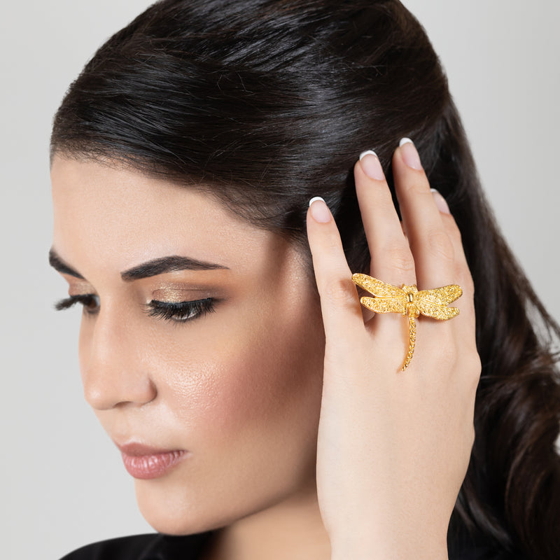 ANILLO LIBÉLULA - Hecho a mano - Bañado en oro de 24 quilates