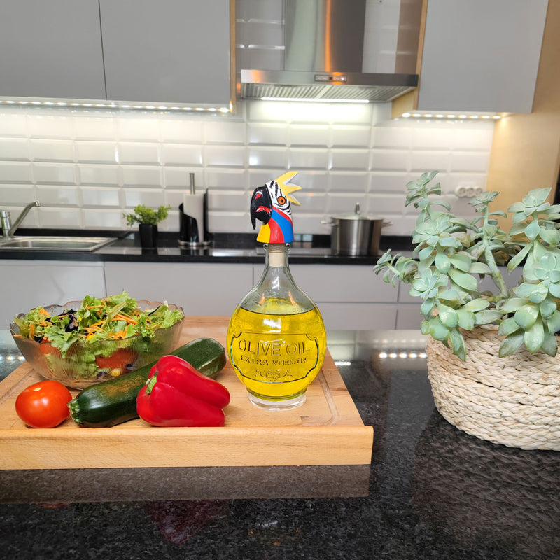 TAPÓN DECORATIVO PARA BOTELLAS - El guacamayo del carnaval - Madera tallada y pintada a mano