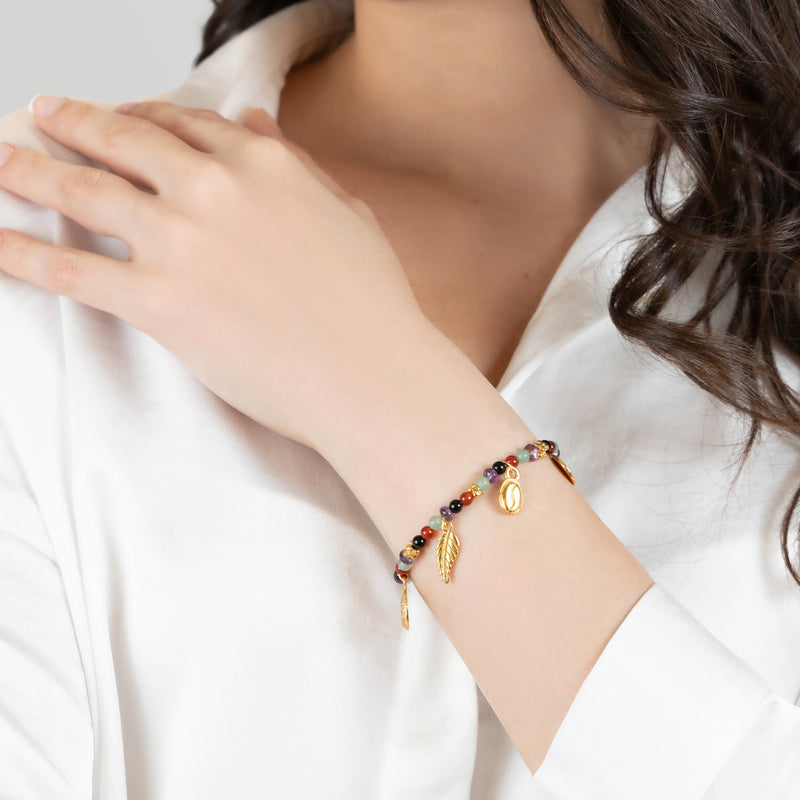 PULSERA ARCOÍRIS - Hecha a mano - Bañada en oro de 24 quilates - Ágatas, ónix, jades y amatistas