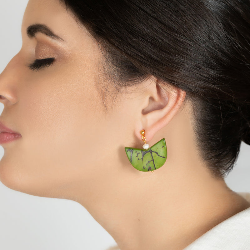 PENDIENTES PALMA - Hechos a mano - Bañados en oro de 24 quilates - Tagua (marfil vegetal), perlas cultivadas