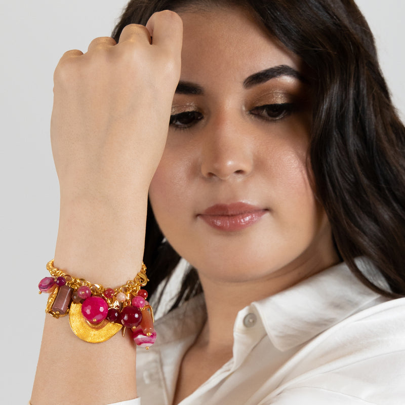 BRAZALETE ENCANTO - Hecho a mano - Bañado en oro de 24 quilates - Ágatas, nácar