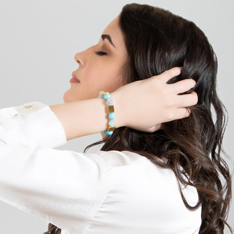PULSERA QUIMBAYA - Hecha a mano - Bañada en oro de 24 quilates - Ágatas, turquesas