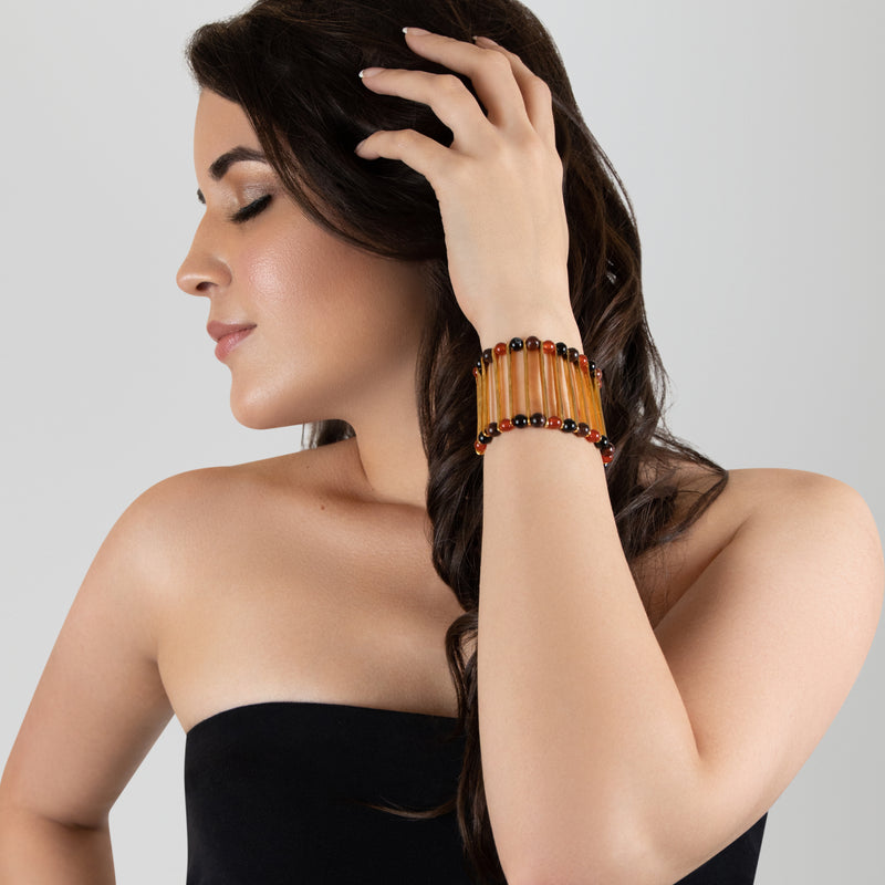 BRAZALETE ELEGANCIA - Hecho a mano - Bañado en oro de 24 quilates - Ónix, ágatas