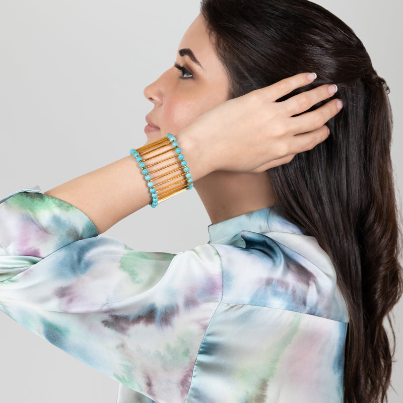 BRAZALETE ELEGANCIA - Hecho a mano - Bañado en oro de 24 quilates - Turquesas