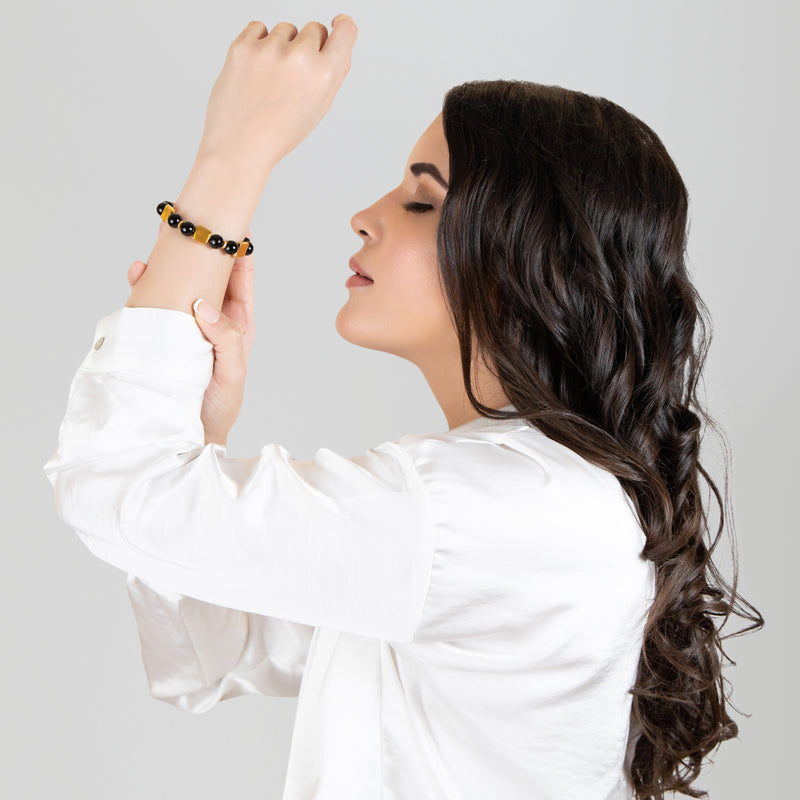 PULSERA QUIMBAYA - Hecha a mano - Bañada en oro de 24 quilates - Ónix